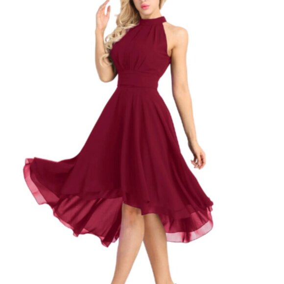 iEFiEL Dresses & Skirts - iEFiEL Burgundy Sleeveless Halter Neck High-Low Flare Evening Party Dress Sz 4